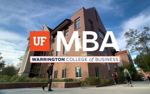 Students walk in front of Hough Hall on a sunny day. UF MBA Warrington College of Business logo is centered on the image.