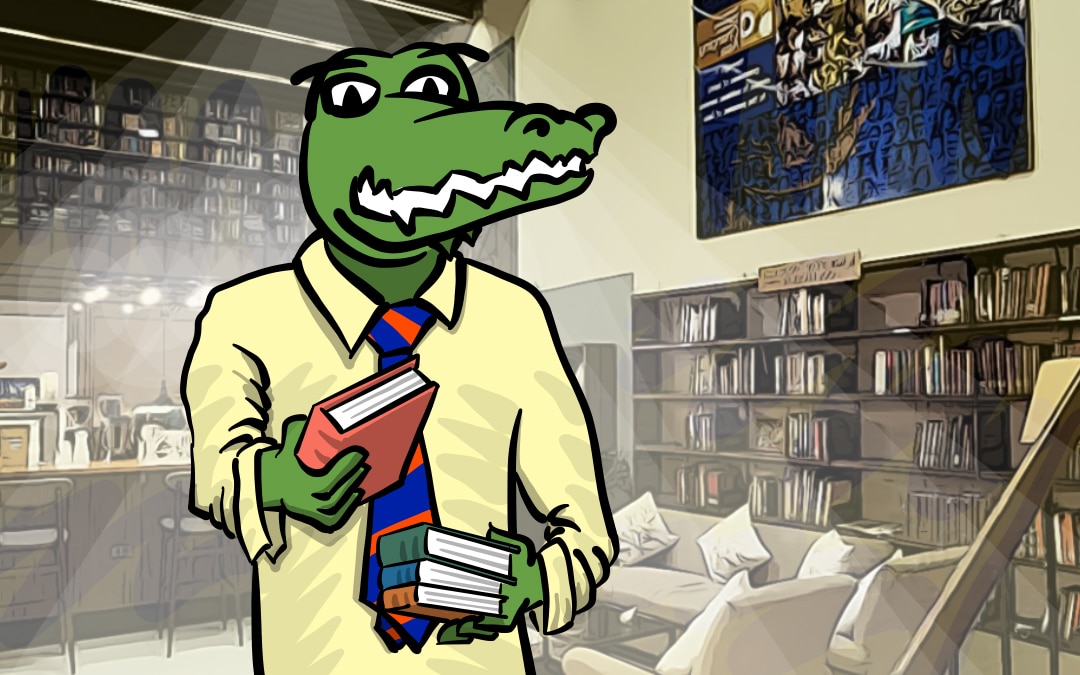 A gator stands in a library, extending a book.
