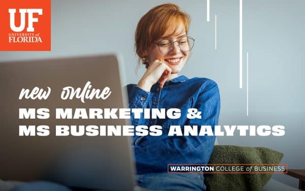 University of Florida new online MS marketing and MS business analytics. Background image of a young woman with red hair sitting at a computer.