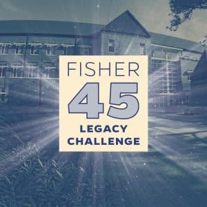 Fisher 45 Legacy Challenge text at center with an image of Gerson Hall in the background.