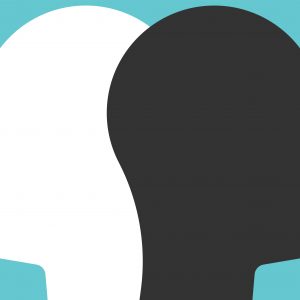 Two white and black head silhouettes on turquoise blue background. Psychology, diversity, tolerance and opposites concept. Flat design. EPS 8 vector illustration, no transparency, no gradients