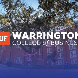 Photo looking up from the ground of a student riding a skateboard in front of a large gator statue. A UF Warrington College of Business logo is centered on the photo.