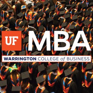 Bird's eye view of a group of students standing in their graduation regalia. University of Florida MBA Warrington College of Business logo on top of the photo.