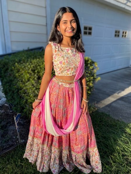 Grishma Patel in traditional Indian garb.