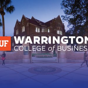 Large brick building with students standing in front. UF Warrington College of Business logo overlaid on top of image.