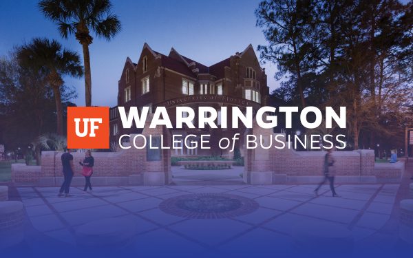 Large brick building with students standing in front. UF Warrington College of Business logo overlaid on top of image.