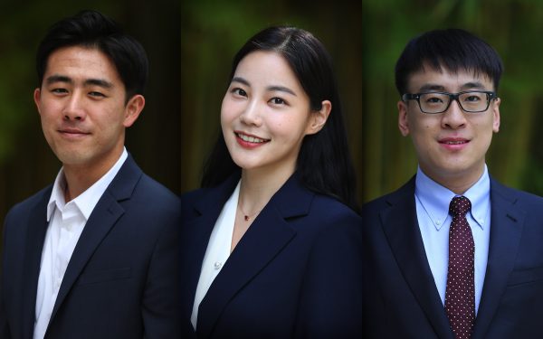 2023 PhD teacher award. Daniel Dong-Wook Kim, Soo Yon Ryu and Xinyu Zang.