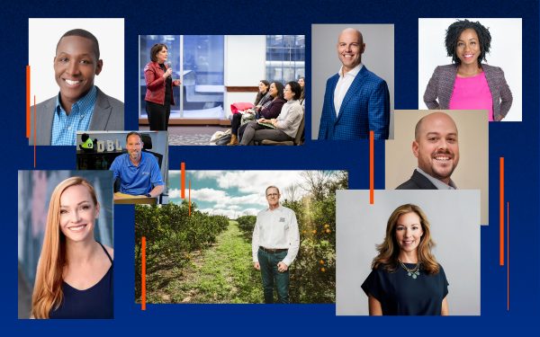 Collage of photos of male and female alumni over a blue background.