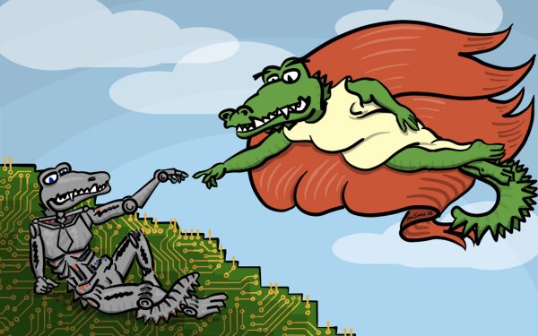 A robotic Gator and an angelic Gator pose in the clouds.