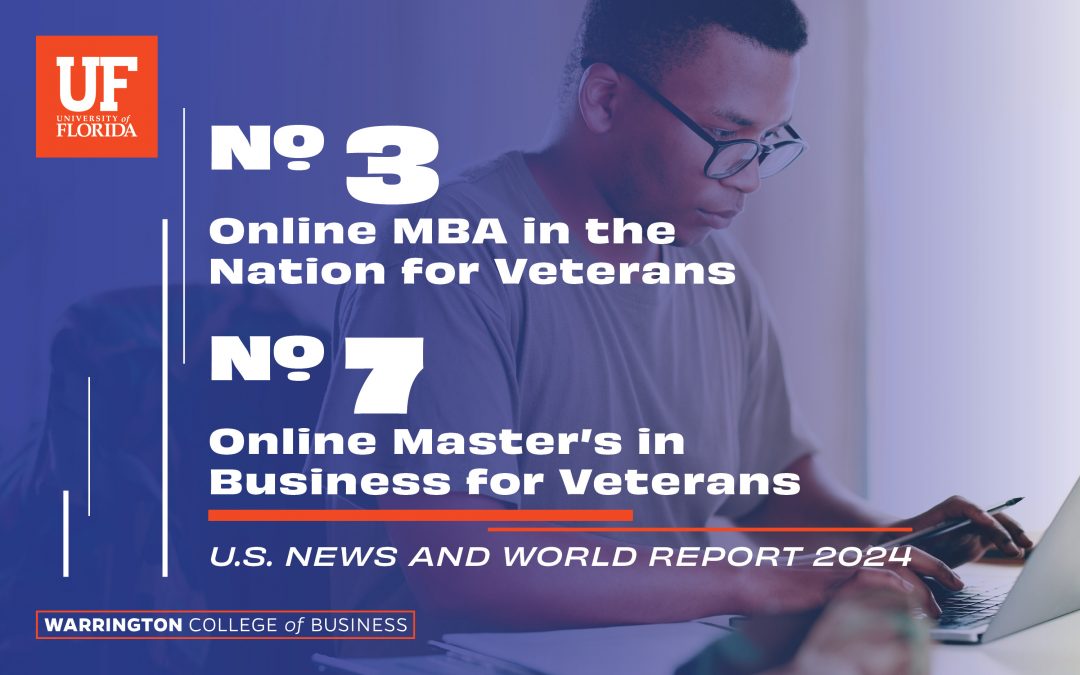 University of Florida No. 3 Online MBA in the Nation for Veterans and No. 7 Online Master's in Business for Veterans. US News & World Report 2024