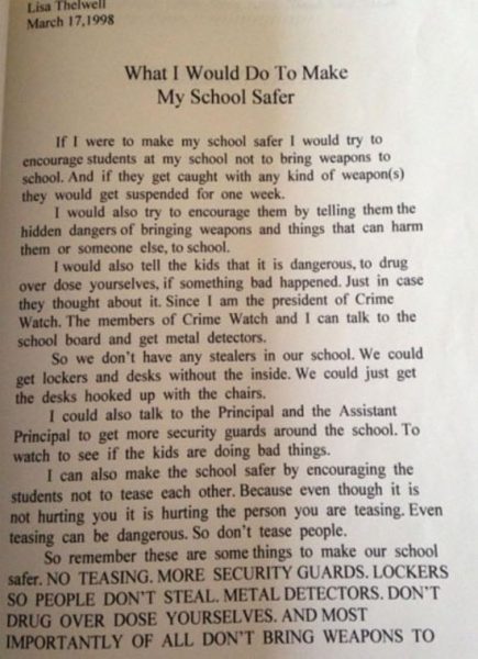 Lisa Thelwell's 5th grade, 1998 paper on how she would make her school safer.
