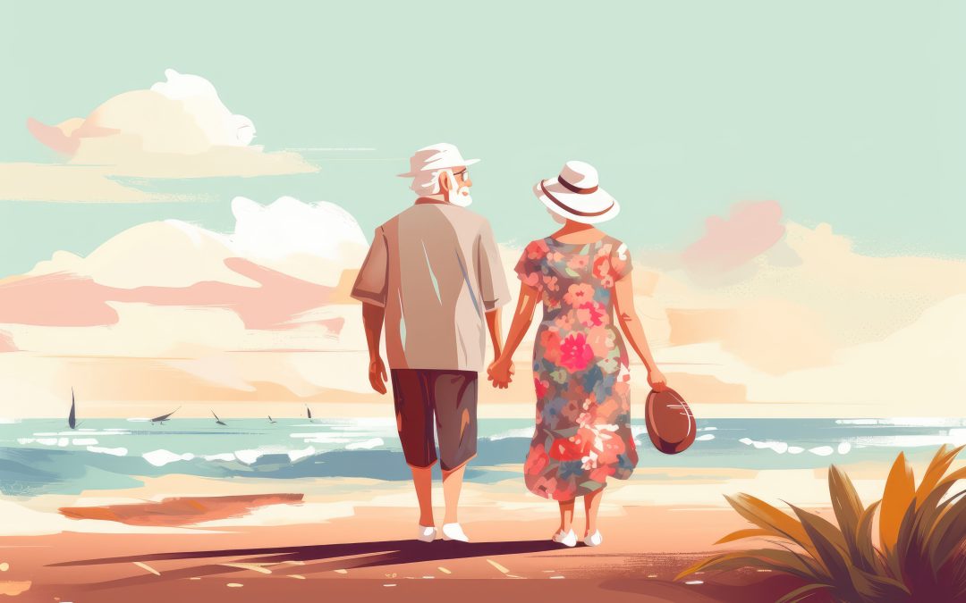 senior couple grandma and grandpa walk on the beach in summer illustration Generative AI