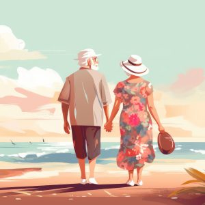 senior couple grandma and grandpa walk on the beach in summer illustration Generative AI