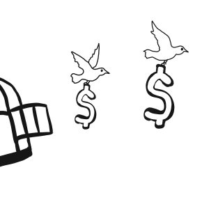 abstract hand draw doodle sketch money out from cage by birds on white background, freedom money concept, vector, illustration, cartoon style