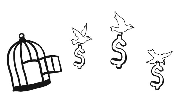 abstract hand draw doodle sketch money out from cage by birds on white background, freedom money concept, vector, illustration, cartoon style