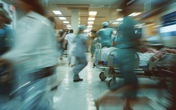 A group of dedicated healthcare professionals rush through a blurry hospital setting, attending to patients and managing the chaos of the emergency room with urgency and focus.