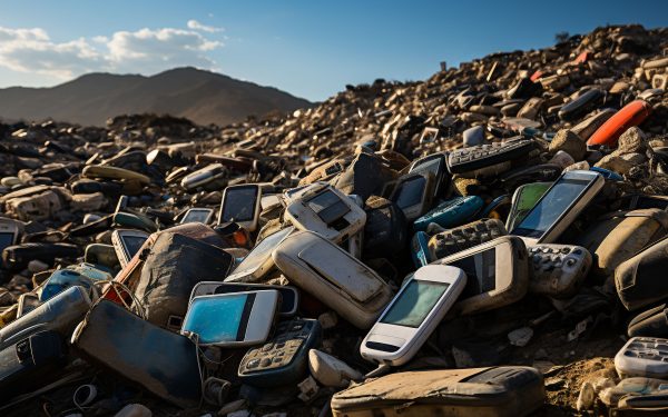 A mountain of broken cell phones contrasted by an actual mountain in the distance.