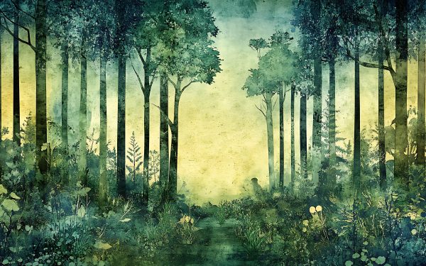 A watercolor painting depicts a lush forest with a pathway that winds between tall trees.