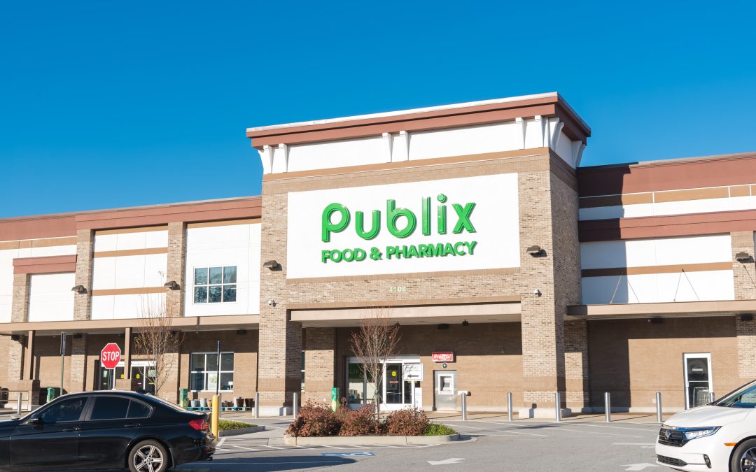 Entrance to Publix Food & Pharmacy, a well-known employee-owned American supermarket chain private corporation headquartered in Lakeland, Florida.