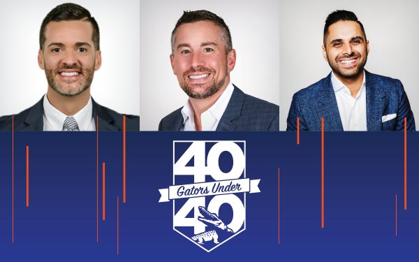 Daniel Betancourt, Darren Palestine and Sal Rehmetullah and the 40 Gators Under 40 logo.