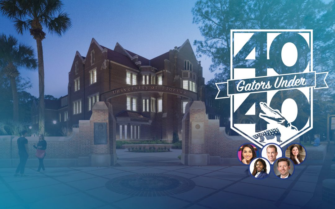 Heavener Hall with the UF Archway with a 40 Gators Under 40 to the right with five small photos of the award recipients.