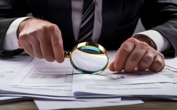 audit concept. Businessman with magnifying glass and financial statements. High quality photo