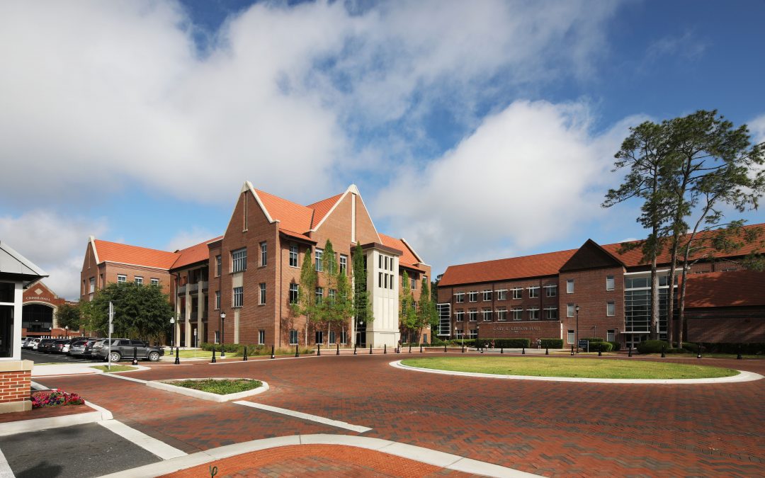 Hough and Gerson Halls. Large brick buildings in the background.