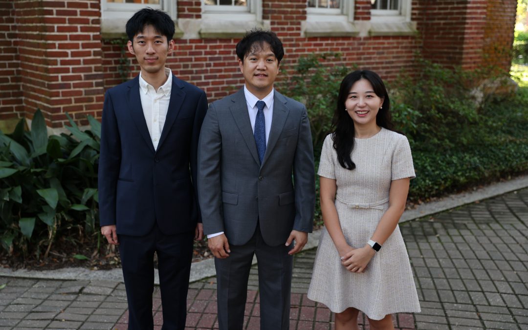 Zhefan Huang (Ph.D. ‘26), Sujin Park (Ph.D. ‘27) and Alan Sohn (Ph.D. ‘26) standing and smiling
